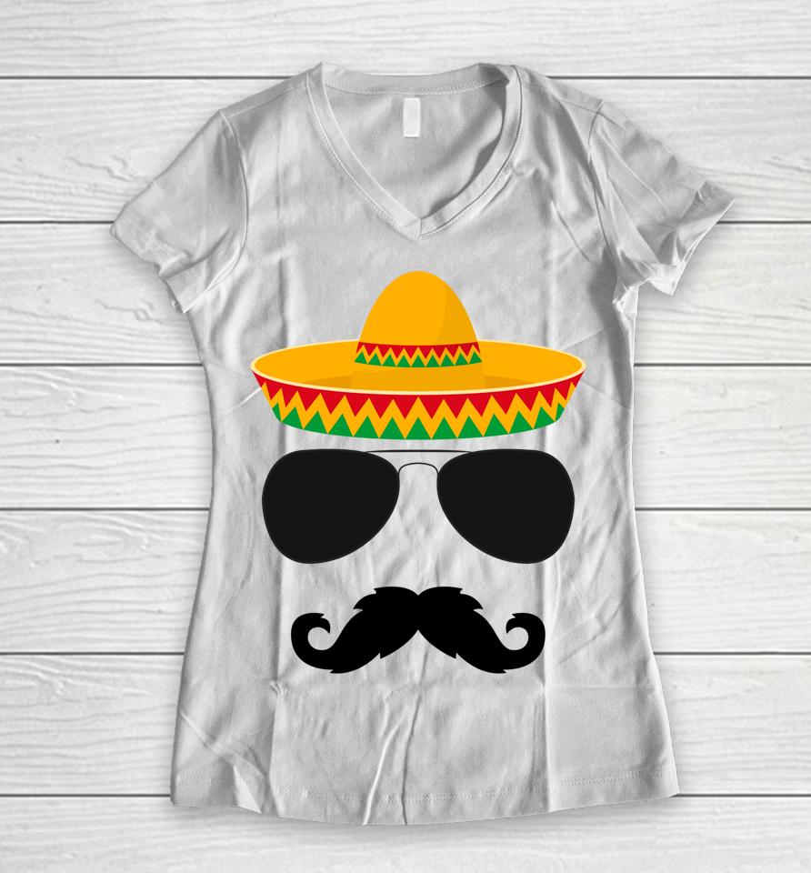 Cinco De Mayo Mustache Face Women V-Neck T-Shirt