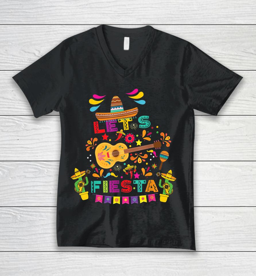Cinco De Mayo Shirt Let's Fiesta Mexican Maracas Sombrero Unisex V-Neck T-Shirt