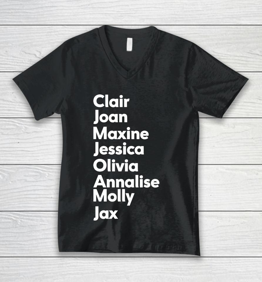 Clair Joan Maxine Jessica Olivia Annalise Molly Jax Unisex V-Neck T-Shirt