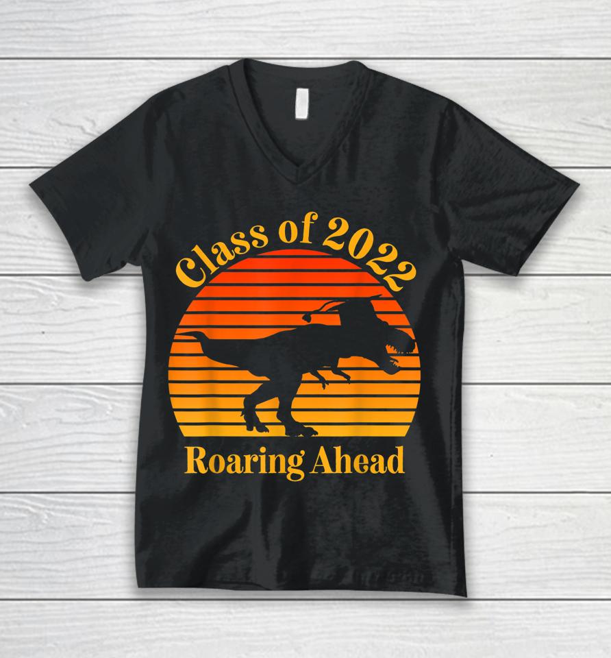 Class Of 2022 Roaring Ahead Senior Year Dinosaur Cool Graduation Retro Sunset Unisex V-Neck T-Shirt