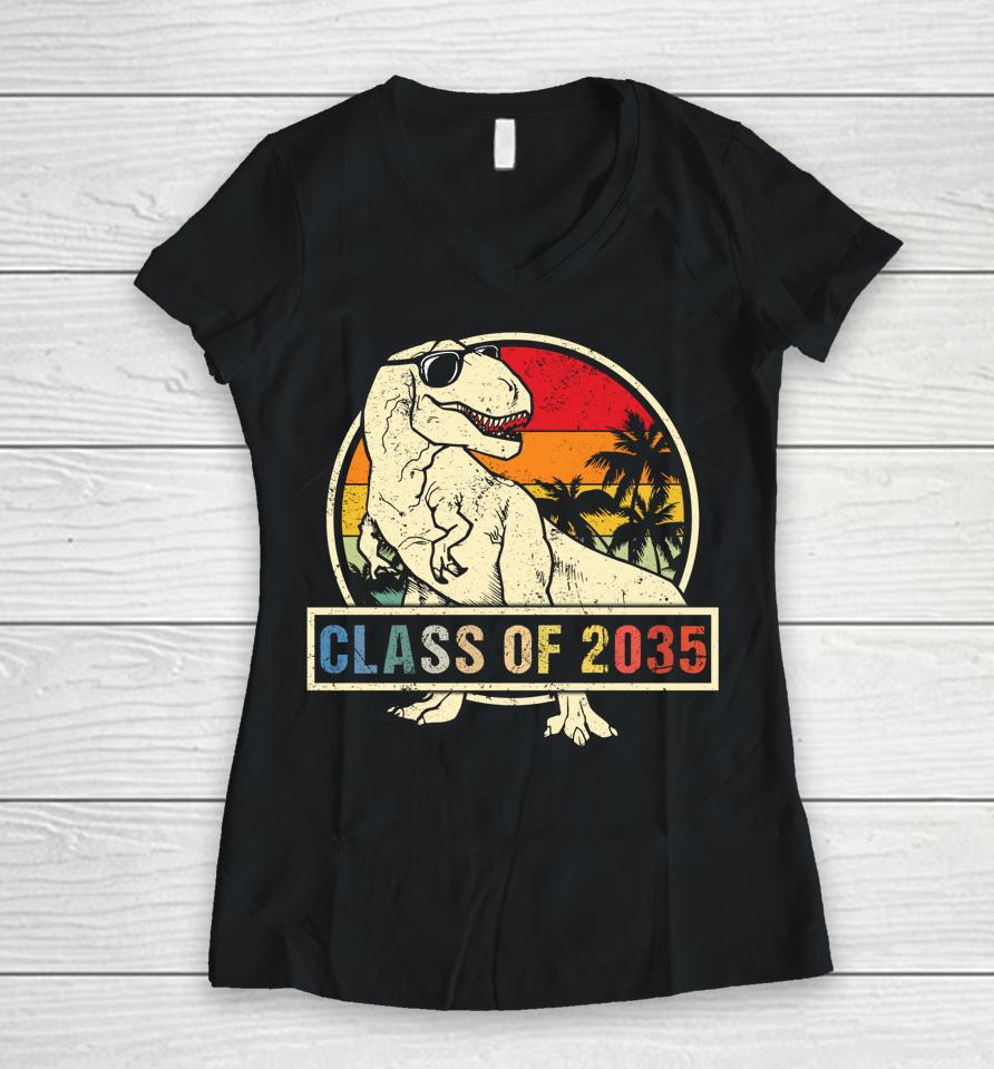Class Of 2035 Grow With Me First Day Of School Dinosaur Boys Women V-Neck T-Shirt