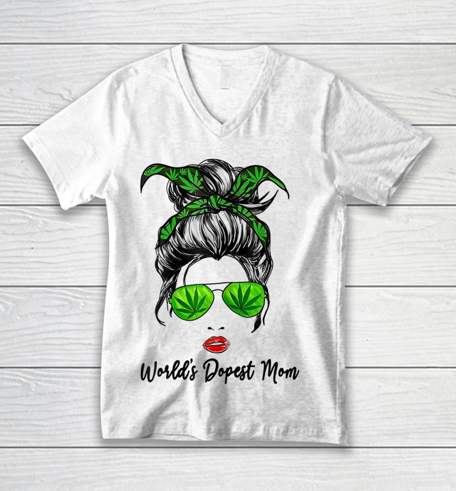 Classy World's Dopest Mom Messy Bun Weed Leaf Mothers Day Unisex V-Neck T-Shirt