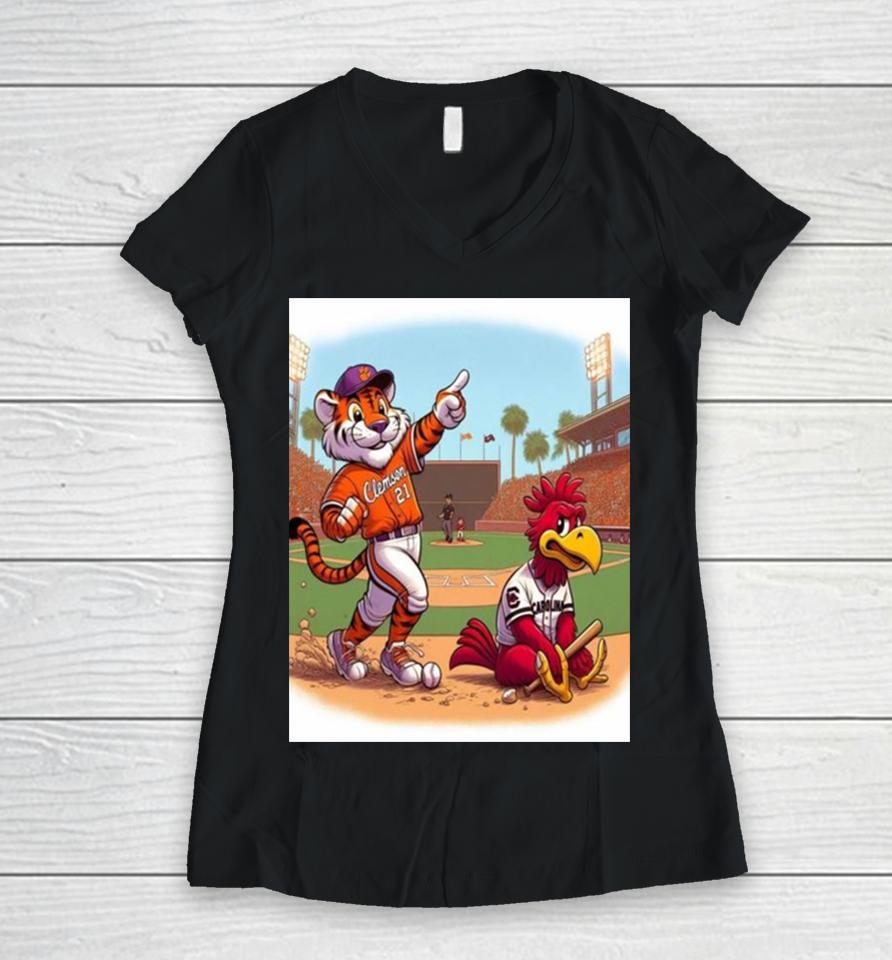 Clemson Tiger Wins The Opener Over South Carolina Gamecocks In 12 Innings As Andrew Ciufo Walks It Off 5 4 Mascot Women V-Neck T-Shirt