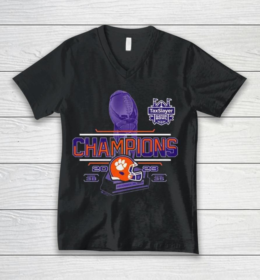 Clemson Tigers 2023 Taxslayer Gator Bowl Champions Finals Score Unisex V-Neck T-Shirt