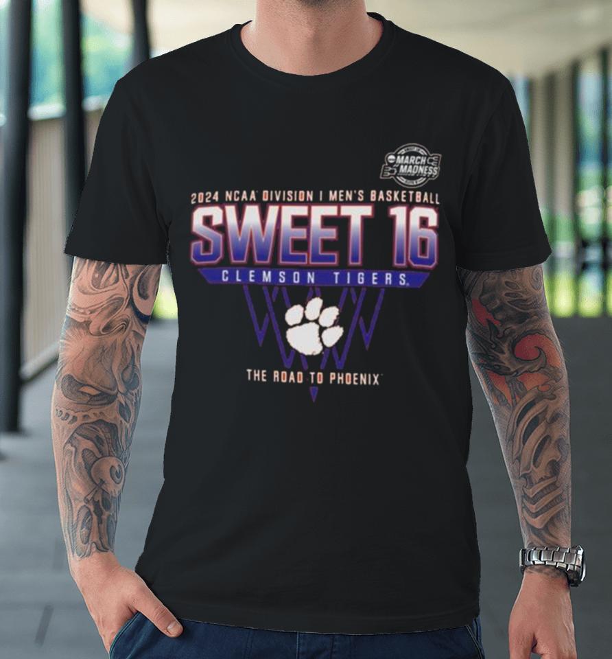 Clemson Tigers 2024 Ncaa Division I Men’s Basketball Sweet 16 The Road To Phoenix Premium T-Shirt