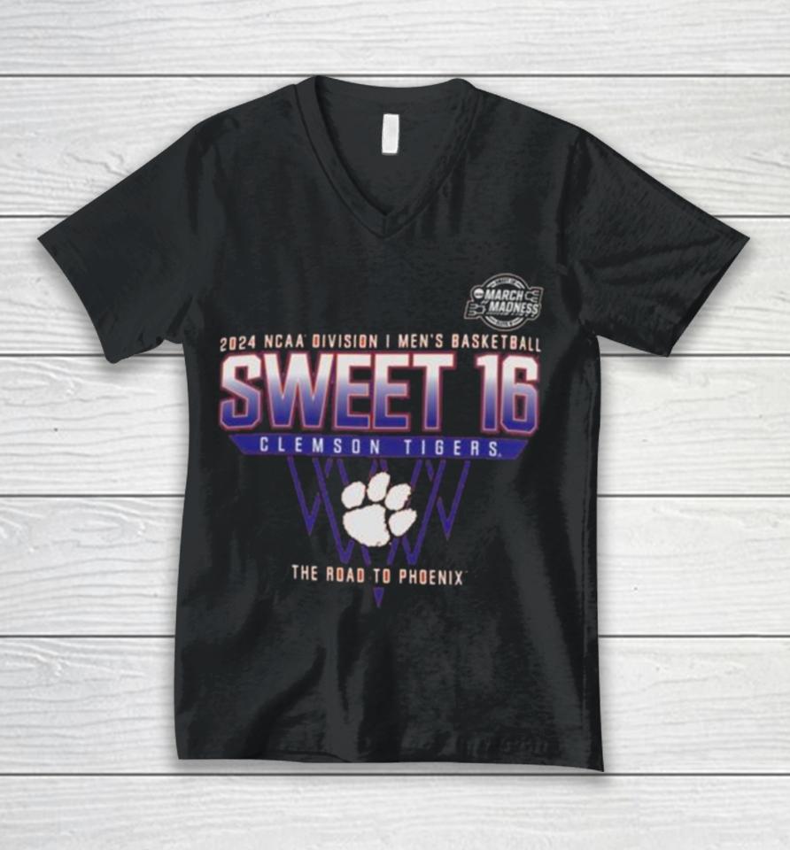 Clemson Tigers 2024 Ncaa Division I Men’s Basketball Sweet 16 The Road To Phoenix Unisex V-Neck T-Shirt