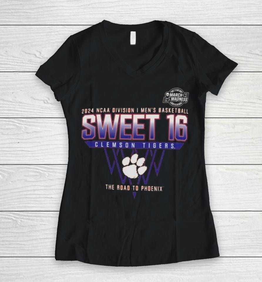 Clemson Tigers 2024 Ncaa Division I Men’s Basketball Sweet 16 The Road To Phoenix Women V-Neck T-Shirt