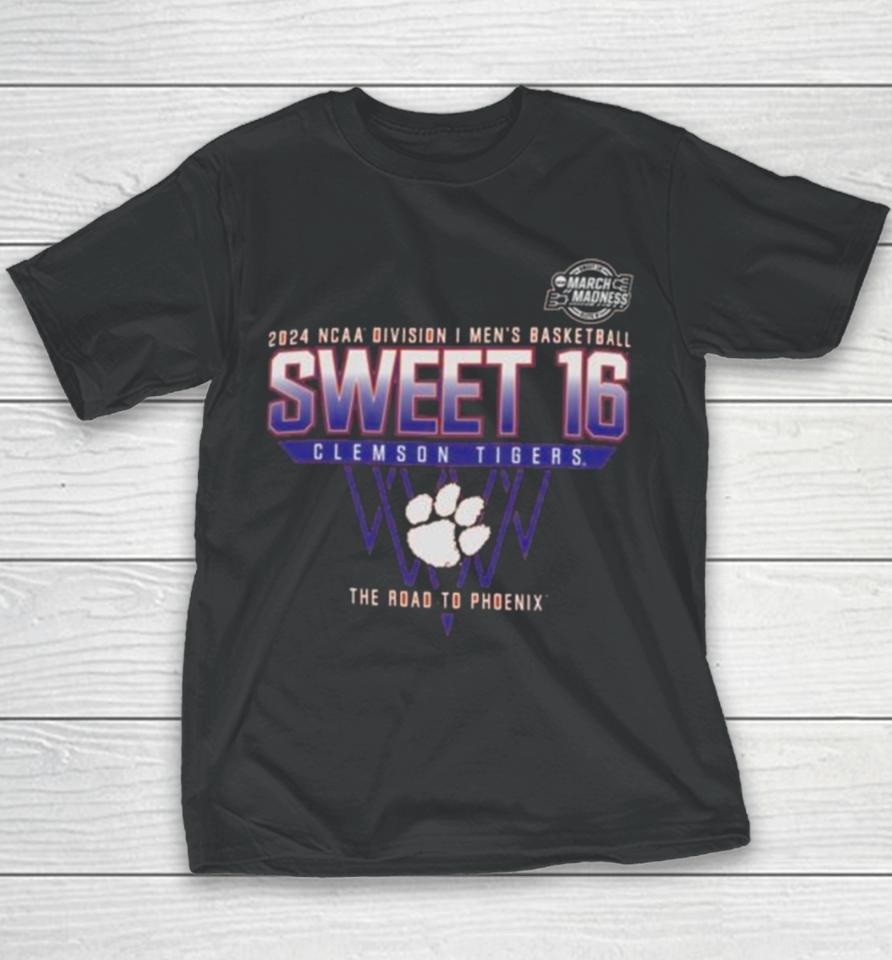 Clemson Tigers 2024 Ncaa Division I Men’s Basketball Sweet 16 The Road To Phoenix Youth T-Shirt