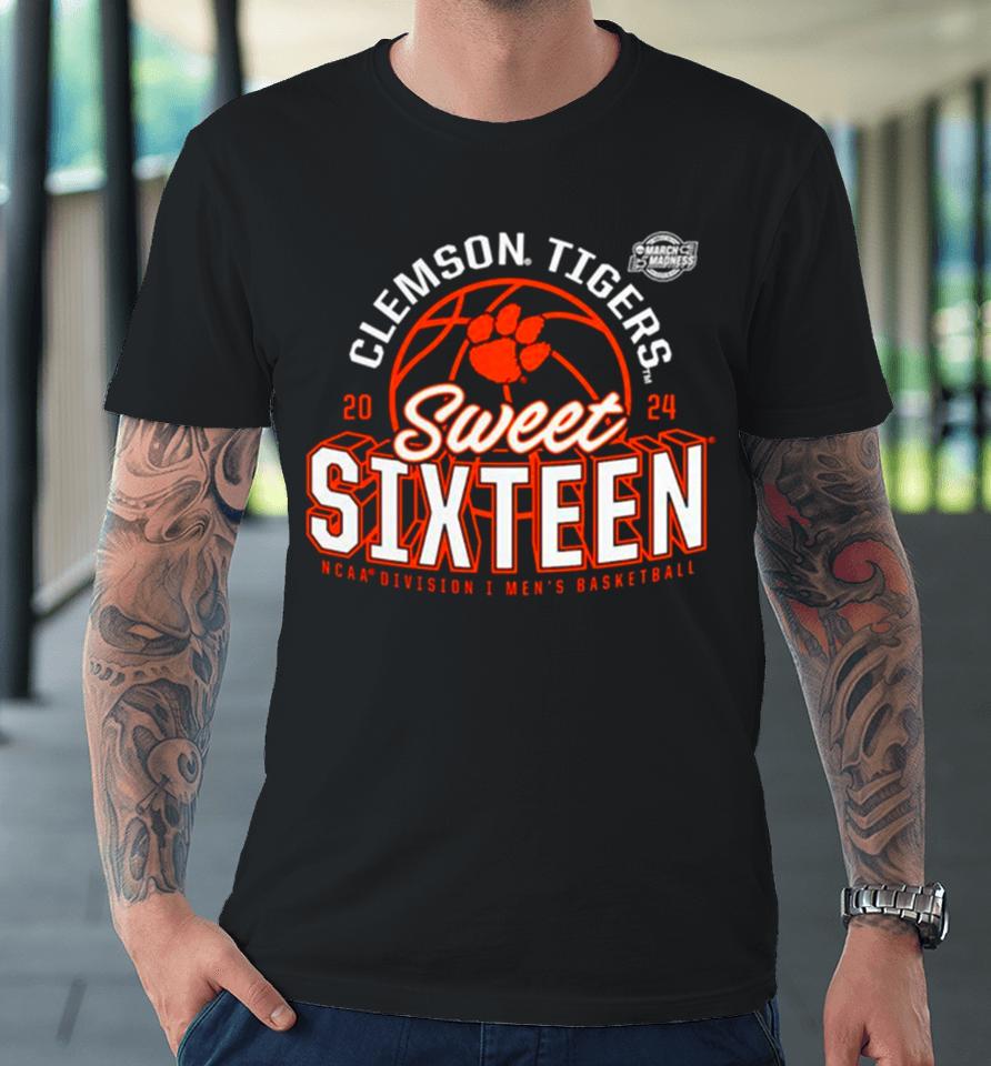 Clemson Tigers 2024 Ncaa Men’s Basketball Tournament March Madness Sweet Sixteen Defensive Stance Premium T-Shirt