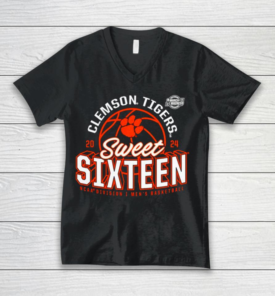 Clemson Tigers 2024 Ncaa Men’s Basketball Tournament March Madness Sweet Sixteen Defensive Stance Unisex V-Neck T-Shirt
