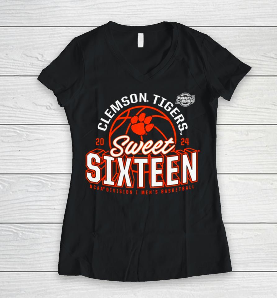Clemson Tigers 2024 Ncaa Men’s Basketball Tournament March Madness Sweet Sixteen Defensive Stance Women V-Neck T-Shirt