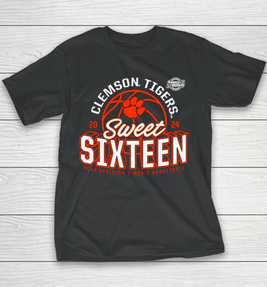 Clemson Tigers 2024 Ncaa Men’s Basketball Tournament March Madness Sweet Sixteen Defensive Stance Youth T-Shirt