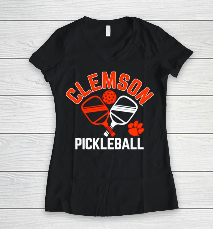 Clemson Tigers Pickleball Crossed Paddles Women V-Neck T-Shirt