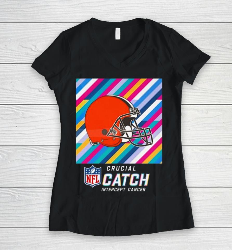 Cleveland Browns Nfl Crucial Catch Intercept Cancer Women V-Neck T-Shirt