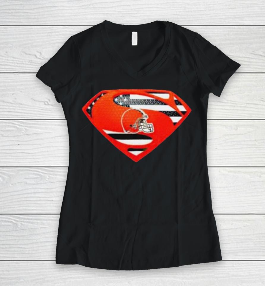 Cleveland Browns Usa Flag Inside Superman Women V-Neck T-Shirt