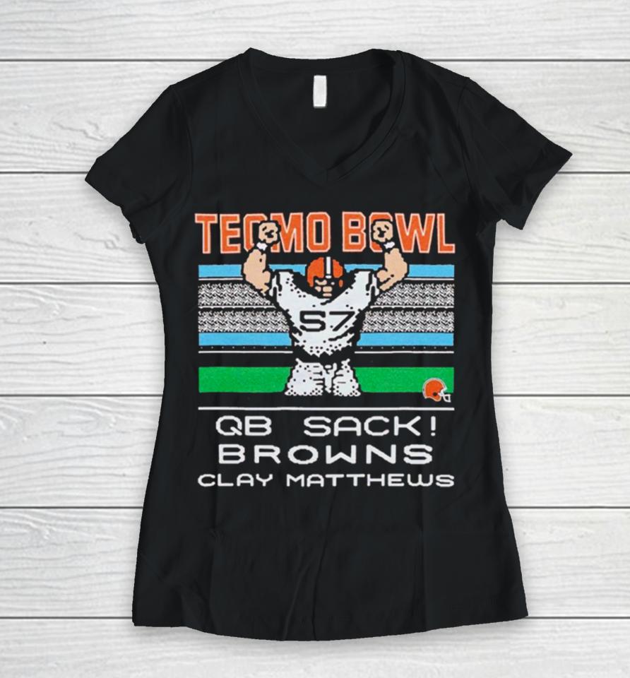 Cleveland Browns Video Game Tecmo Bowl Browns Clay Matthews Women V-Neck T-Shirt