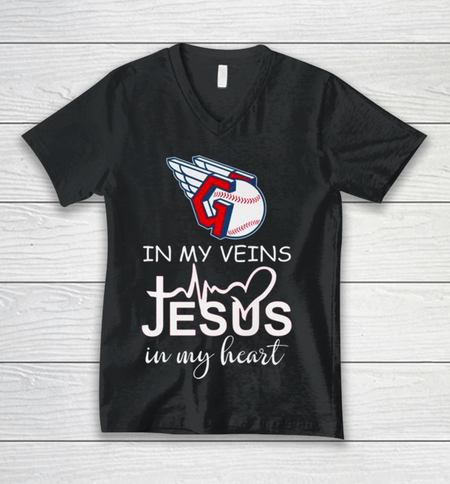 Cleveland Guardians Logo 2023 In My Veins Jesus In My Heart Unisex V-Neck T-Shirt