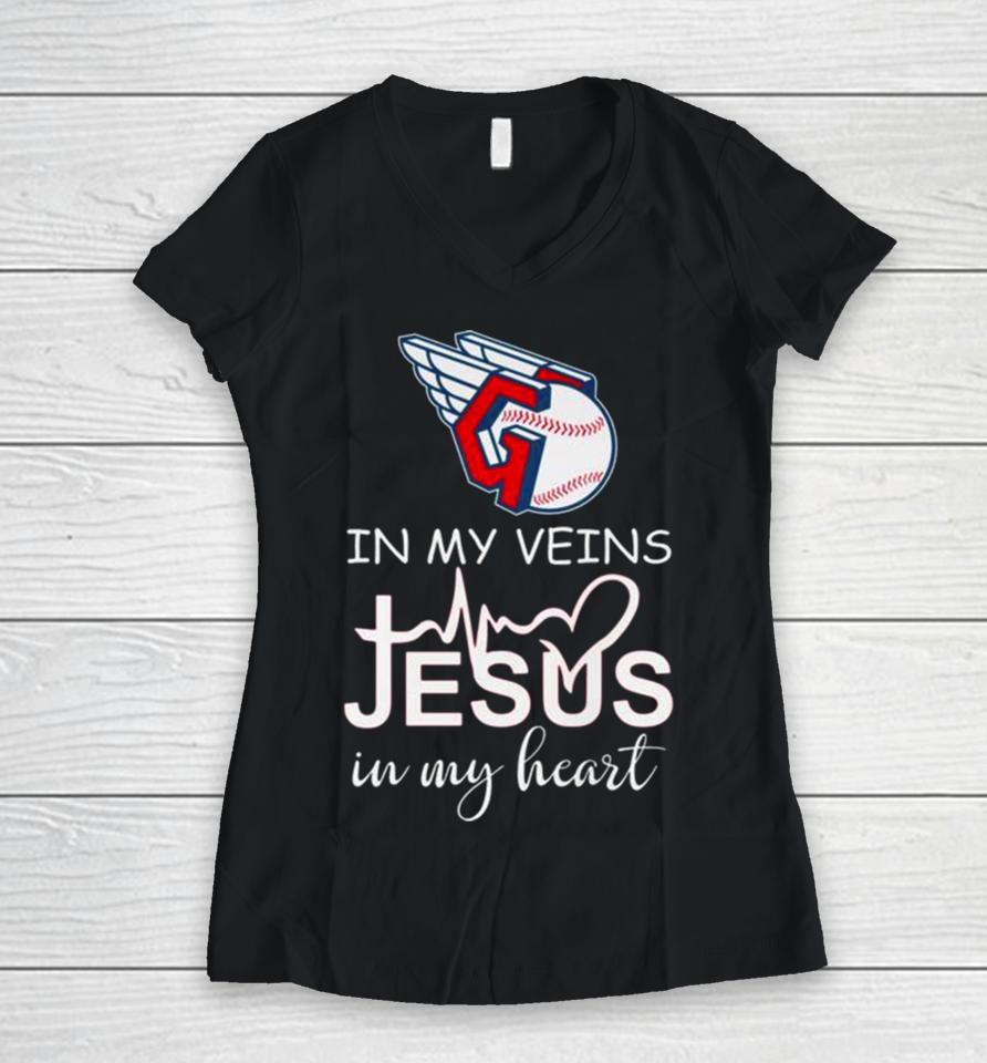 Cleveland Guardians Logo 2023 In My Veins Jesus In My Heart Women V-Neck T-Shirt