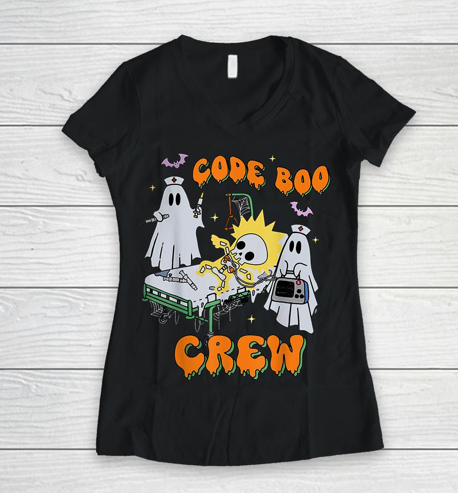 Code Boo Crew Funny Ghost Nurse Halloween Costume Nursing Women V-Neck T-Shirt
