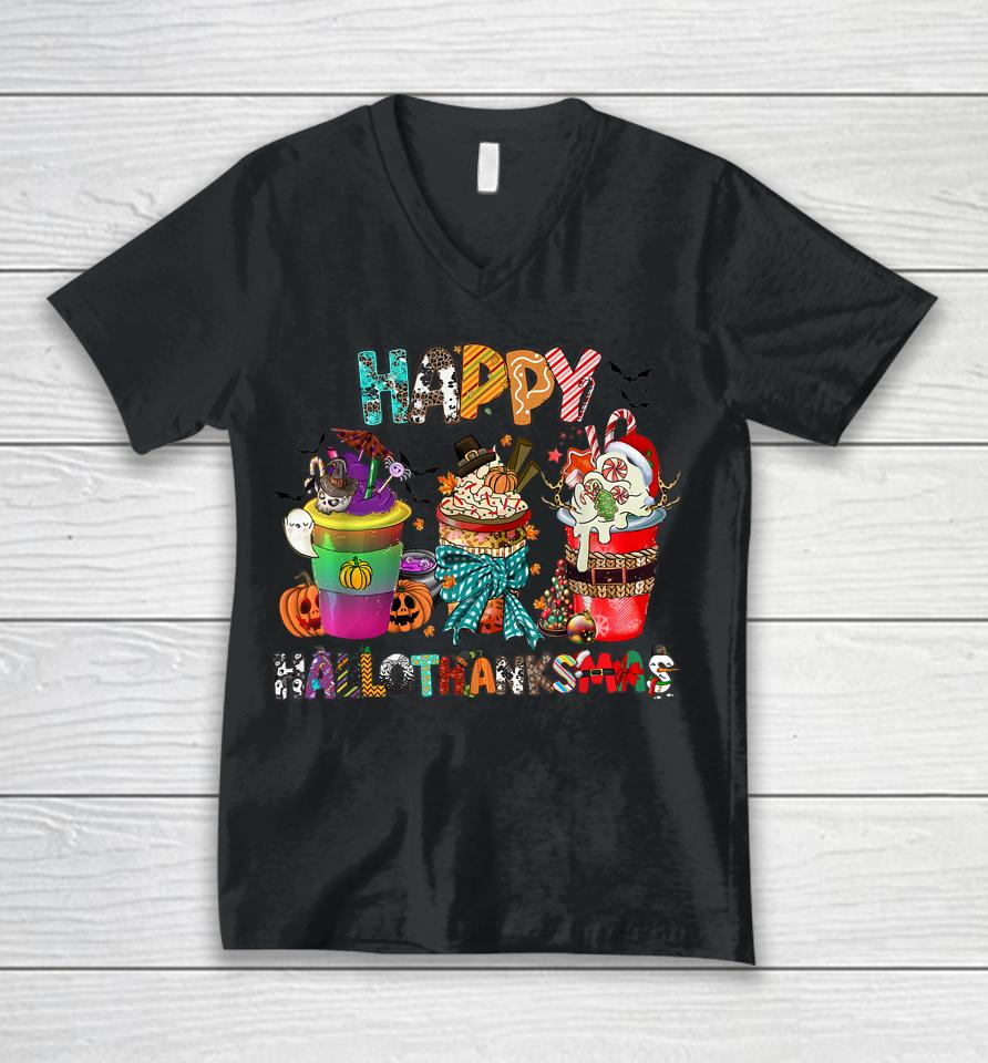 Coffee Halloween Thanksgiving Christmas Happy Hallothanksmas Unisex V-Neck T-Shirt