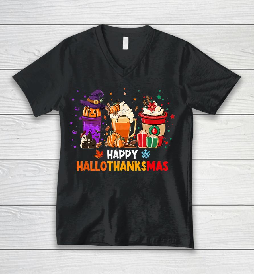 Coffee Pumpkin Spice Latte Happy Hallothanksmas Unisex V-Neck T-Shirt