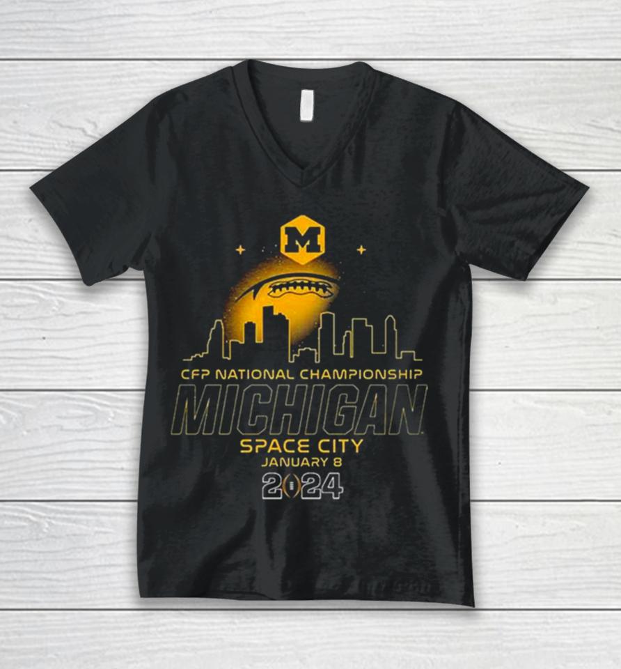 College Football Playoff 2024 National Championship Game January 8 Michigan Wolverines Space City Skyline Unisex V-Neck T-Shirt