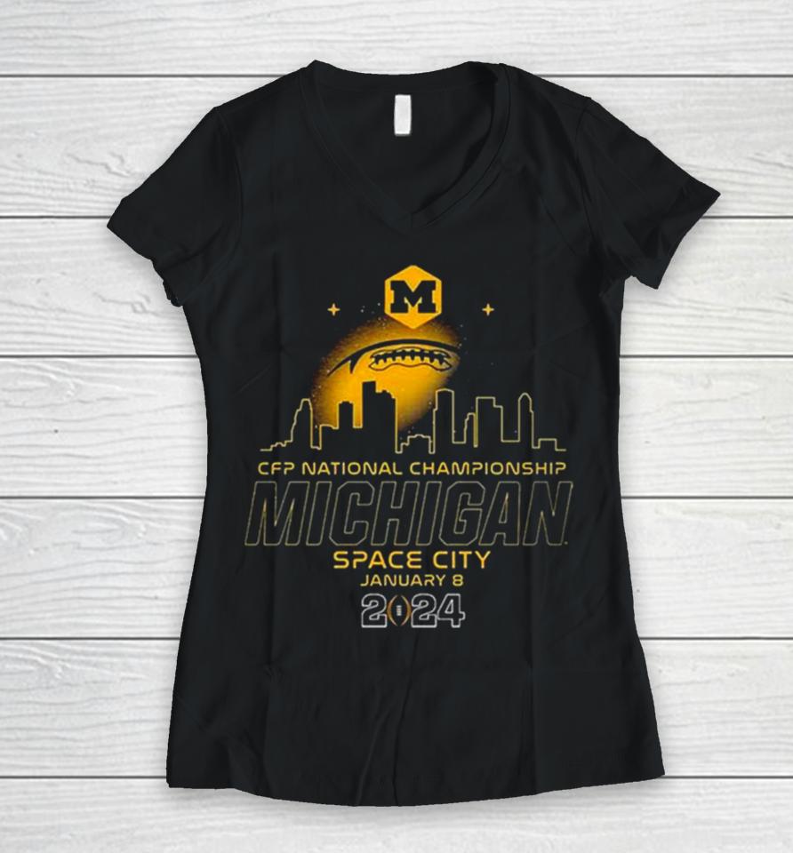 College Football Playoff 2024 National Championship Game January 8 Michigan Wolverines Space City Skyline Women V-Neck T-Shirt