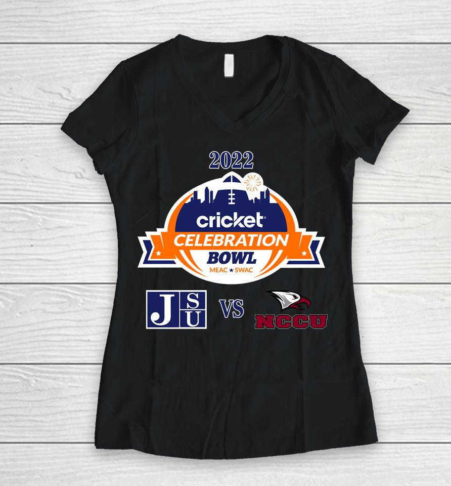 College Football Shop Jsu Vs Nc Central Eagles Matchup Celebration Bowl 2022 Women V-Neck T-Shirt
