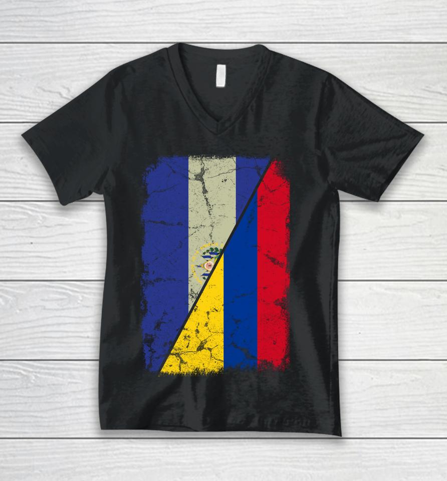 Colombian And Salvadorean Flag Together Mixed Family Roots Unisex V-Neck T-Shirt