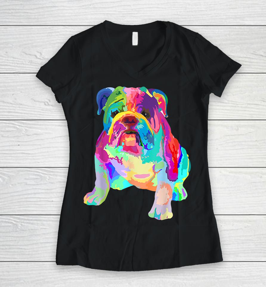 Colorful English Bulldog Women V-Neck T-Shirt
