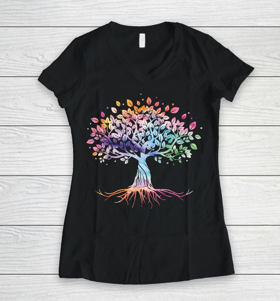 Colorful Life Is Really Good Vintage Unique Tree Art Gift Women V-Neck T-Shirt