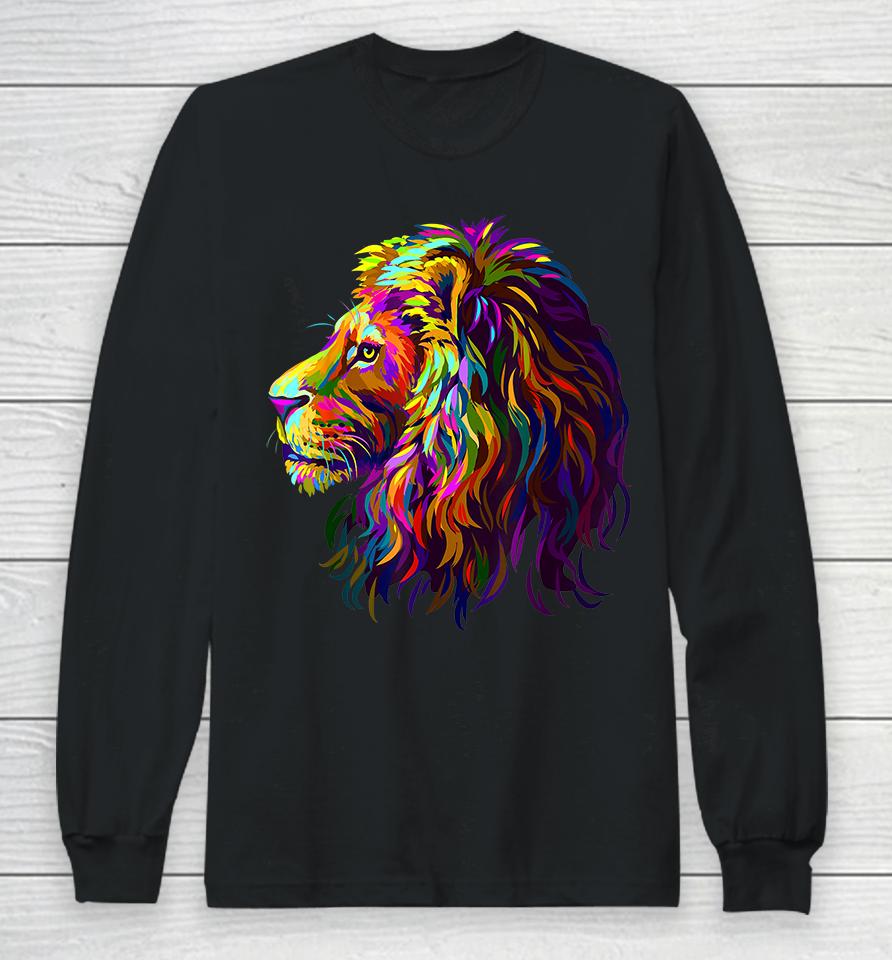 Colorful Lion Head Design Pop Art Style Long Sleeve T-Shirt