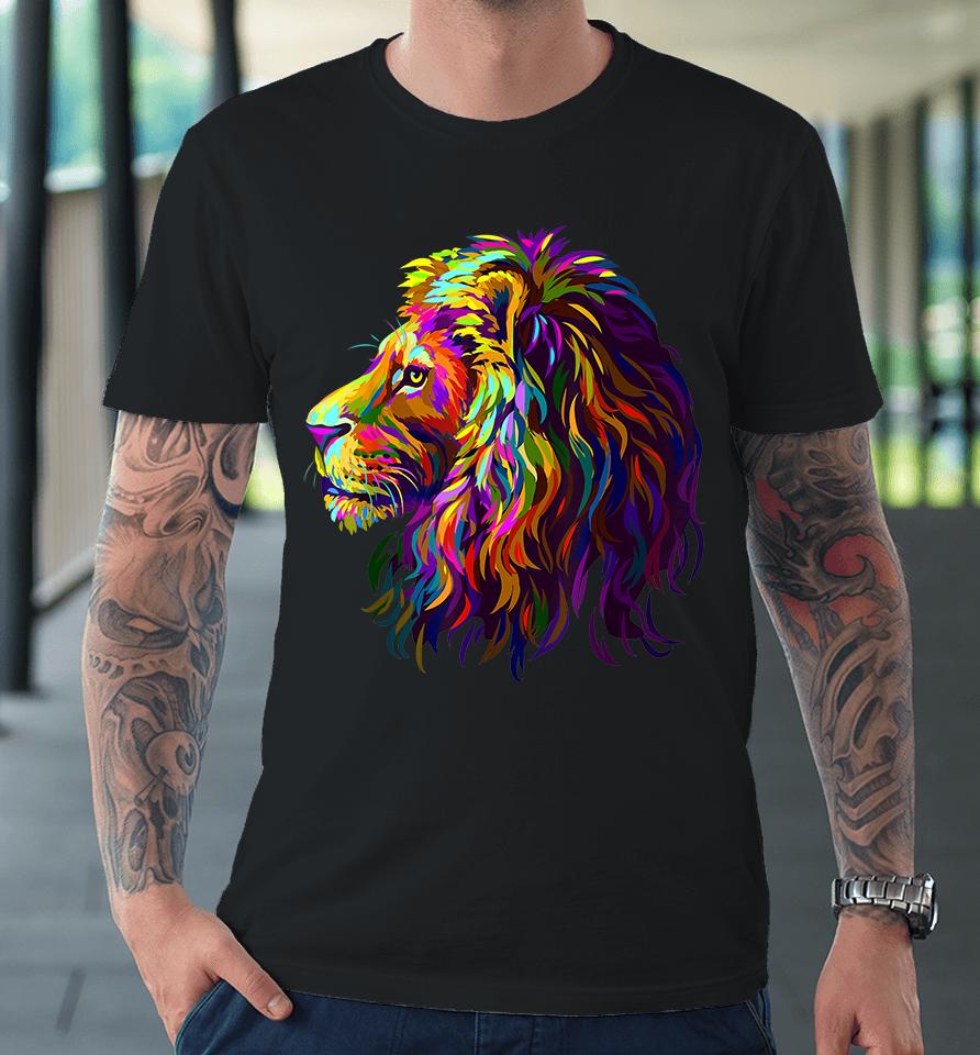 Colorful Lion Head Design Pop Art Style Premium T-Shirt
