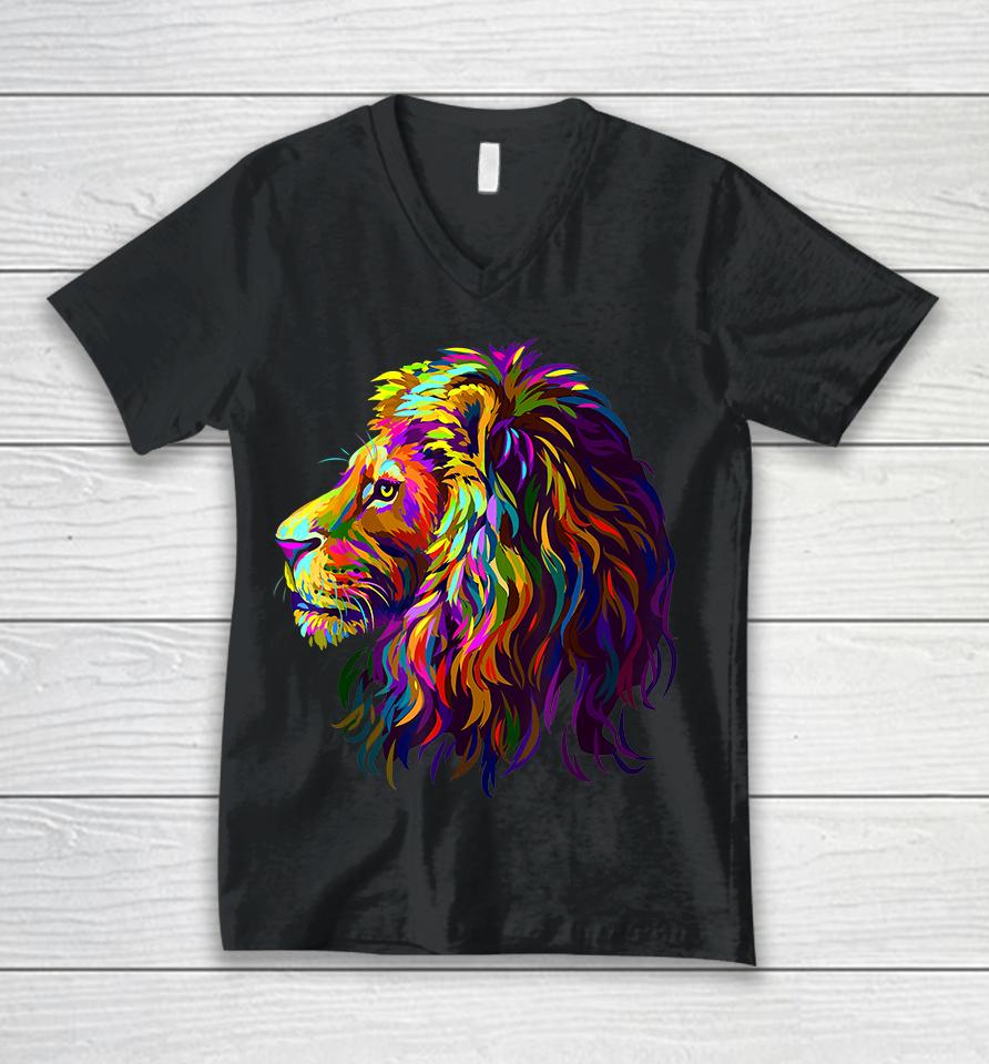 Colorful Lion Head Design Pop Art Style Unisex V-Neck T-Shirt