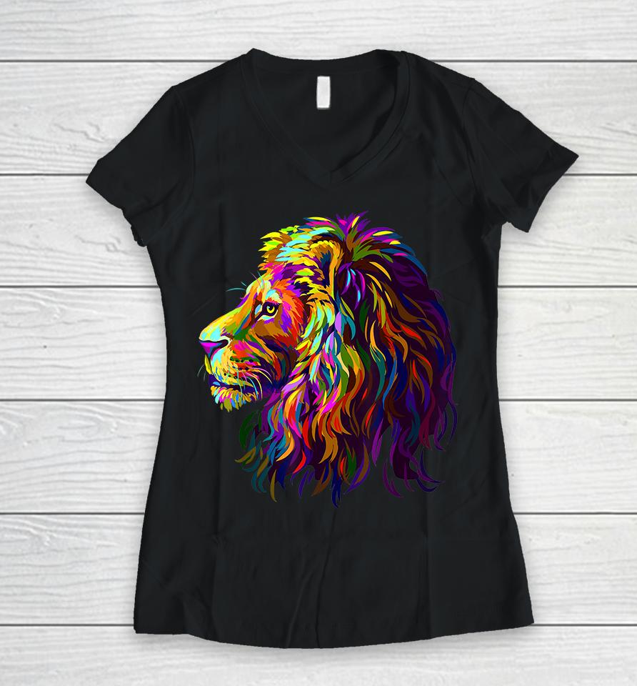 Colorful Lion Head Design Pop Art Style Women V-Neck T-Shirt