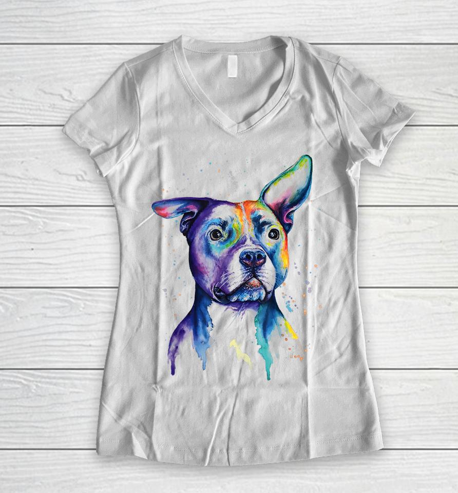 Colorful Pitbull Terrier Dog Women V-Neck T-Shirt