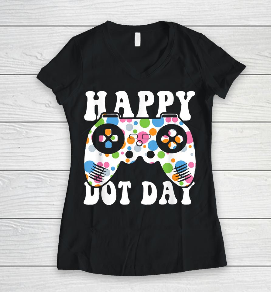 Colorful Polka Dot Game Controller International Dot Day Women V-Neck T-Shirt
