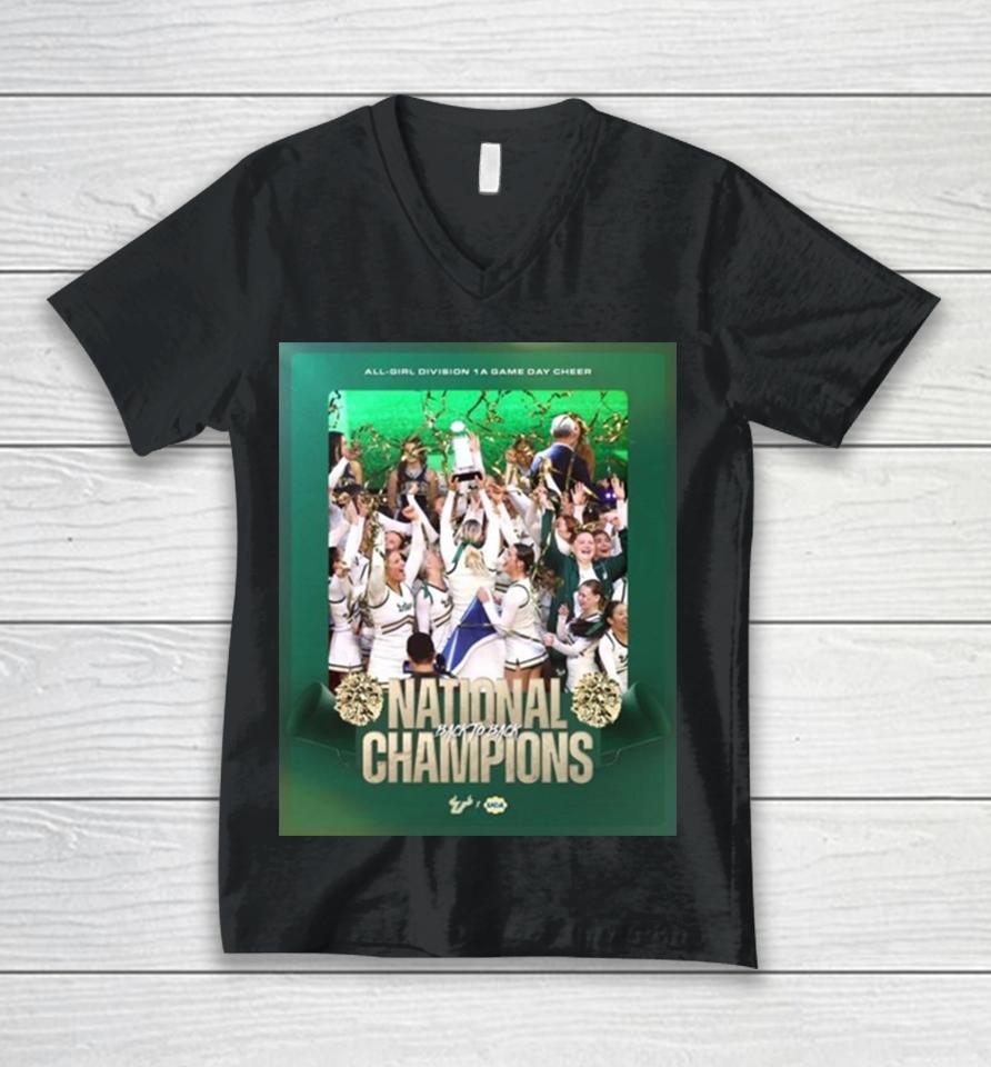 Congratulations To Usf All Girl Cheer Back To Back National Champions 2024 Uca All Girl Division 1A Game Day Cheer Unisex V-Neck T-Shirt