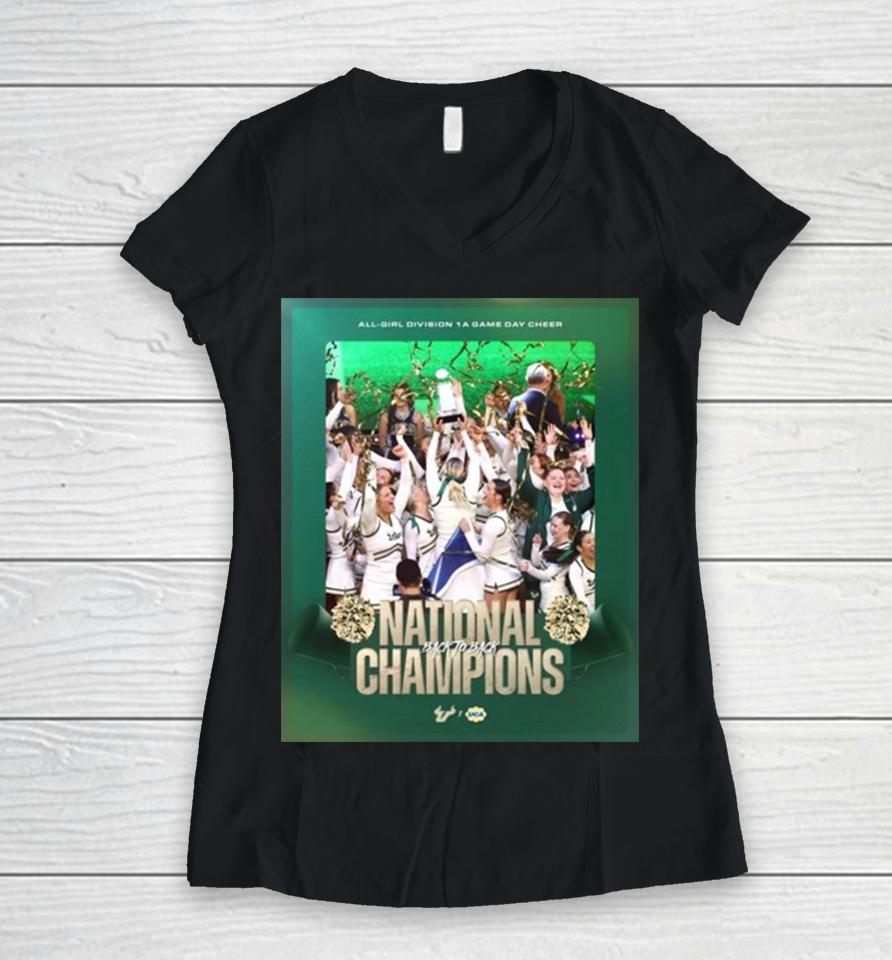 Congratulations To Usf All Girl Cheer Back To Back National Champions 2024 Uca All Girl Division 1A Game Day Cheer Women V-Neck T-Shirt