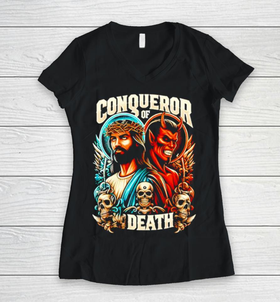 Conqueror Of Death Jesus Christian Women V-Neck T-Shirt