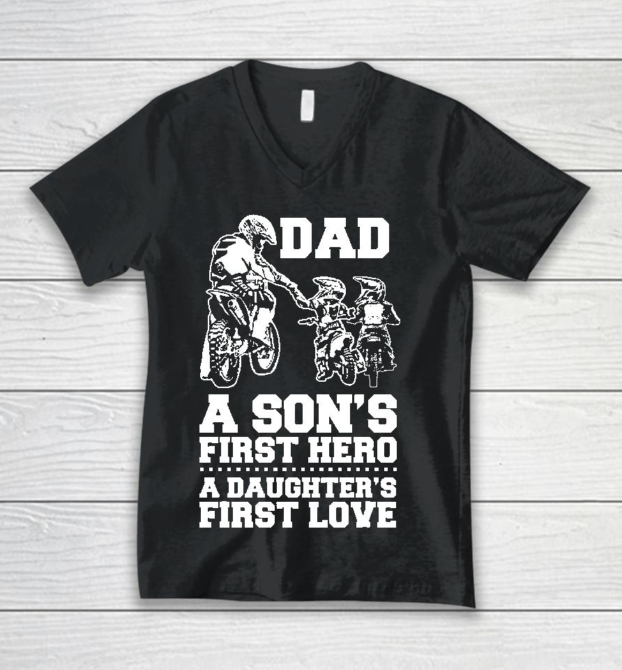 Cool Dad Hero First Love Dirt Bike Rider Motocross Unisex V-Neck T-Shirt