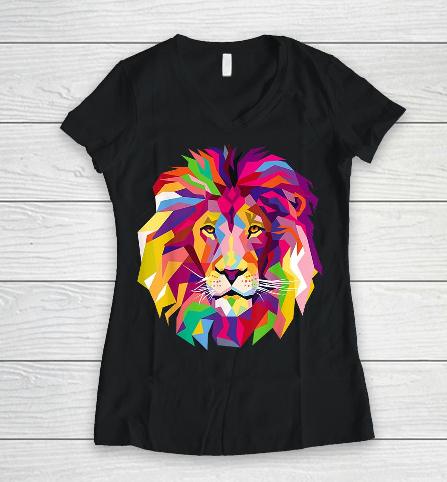 Cool Lion Head Bright Colorful Women V-Neck T-Shirt