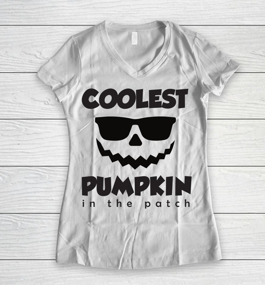 Coolest Pumpkin Face In The Patch Halloween Women V-Neck T-Shirt
