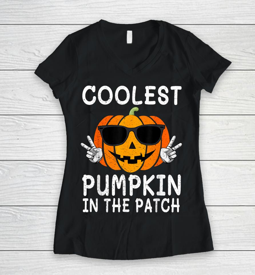 Coolest Pumpkin In The Patch Funny Boys Girls Kids Halloween Women V-Neck T-Shirt