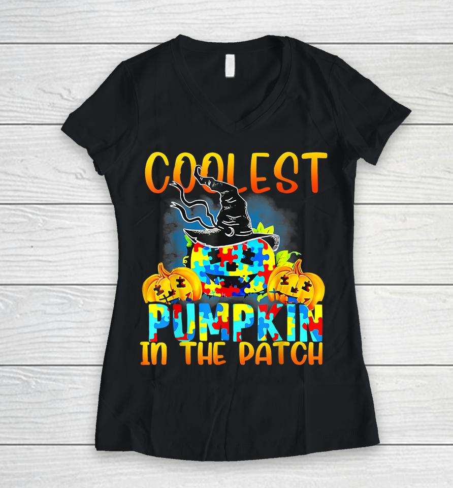 Coolest Pumpkin In The Patch Funny Cool Autism Halloween Women V-Neck T-Shirt