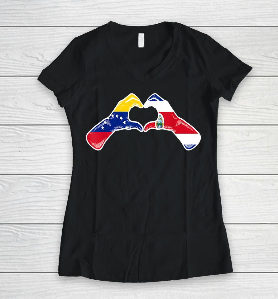 Costa Rica Venezuela Flag Costa Rican Venezuelan Heart Women V-Neck T-Shirt