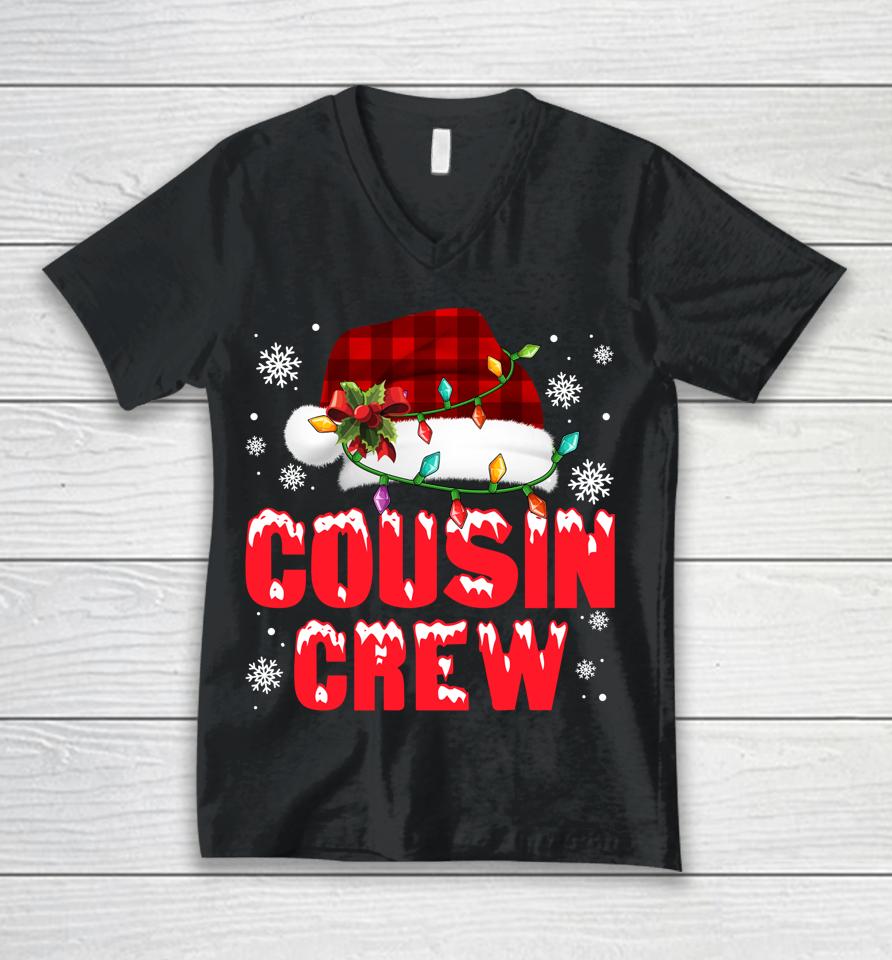 Cousin Crew Santa Hat Red Plaid Lights Family Christmas Xmas Unisex V-Neck T-Shirt
