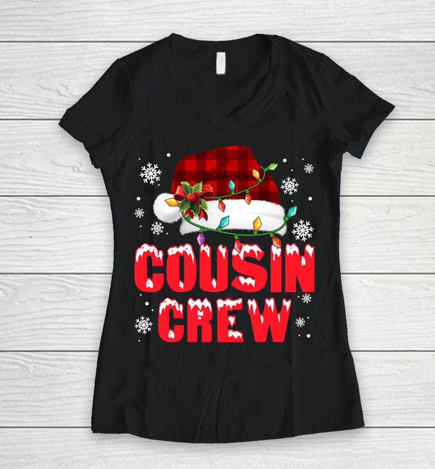 Cousin Crew Santa Hat Red Plaid Lights Family Christmas Xmas Women V-Neck T-Shirt