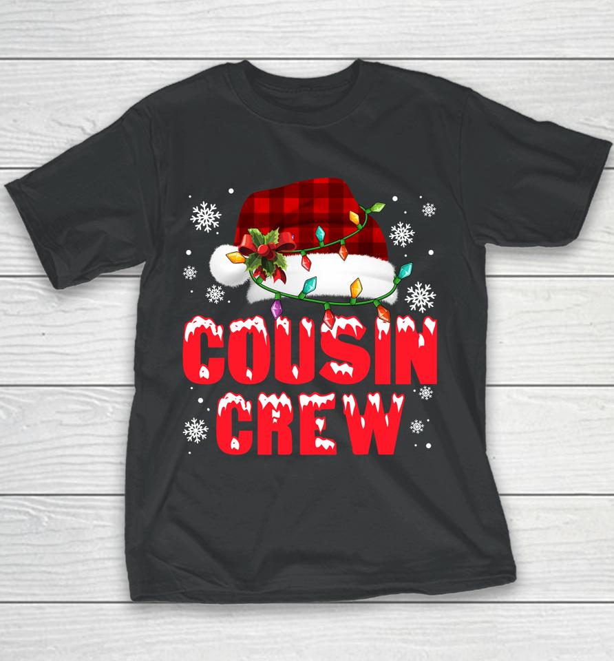 Cousin Crew Santa Hat Red Plaid Lights Family Christmas Xmas Youth T-Shirt