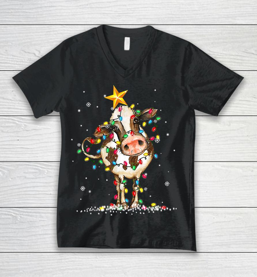 Cow Reindeer Christmas Lights Unisex V-Neck T-Shirt